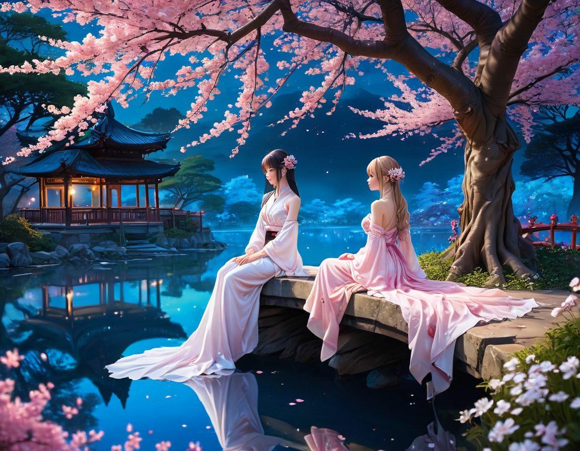 A surreal landscape merging fantasy and sensuality, featuring beautifully designed anime characters in intimate yet elegant poses. Soft, glowing colors that evoke a sense of allure and mystery, with whimsical backgrounds like cherry blossom trees or moonlit gardens. The characters should have expressive eyes and intricate outfits, emphasizing the art style of hentai. Artistic elements such as floating petals and a gentle breeze should add a dreamy atmosphere. vibrant colors. fantasy art. detailed illustration.